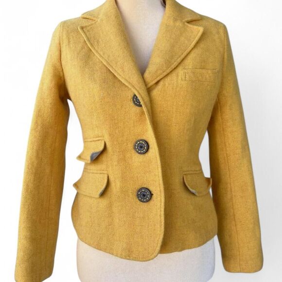 100% Shetland Wool Yellow Blazer W/ Statement Buttons Asymmetrical Pockets - Picture 2 of 8